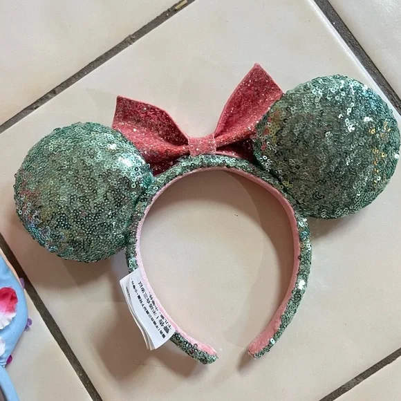 Green and Pink Minnie Mouse Ears mint green and baby oink sequin glitter EUC - Picture 2 of 2